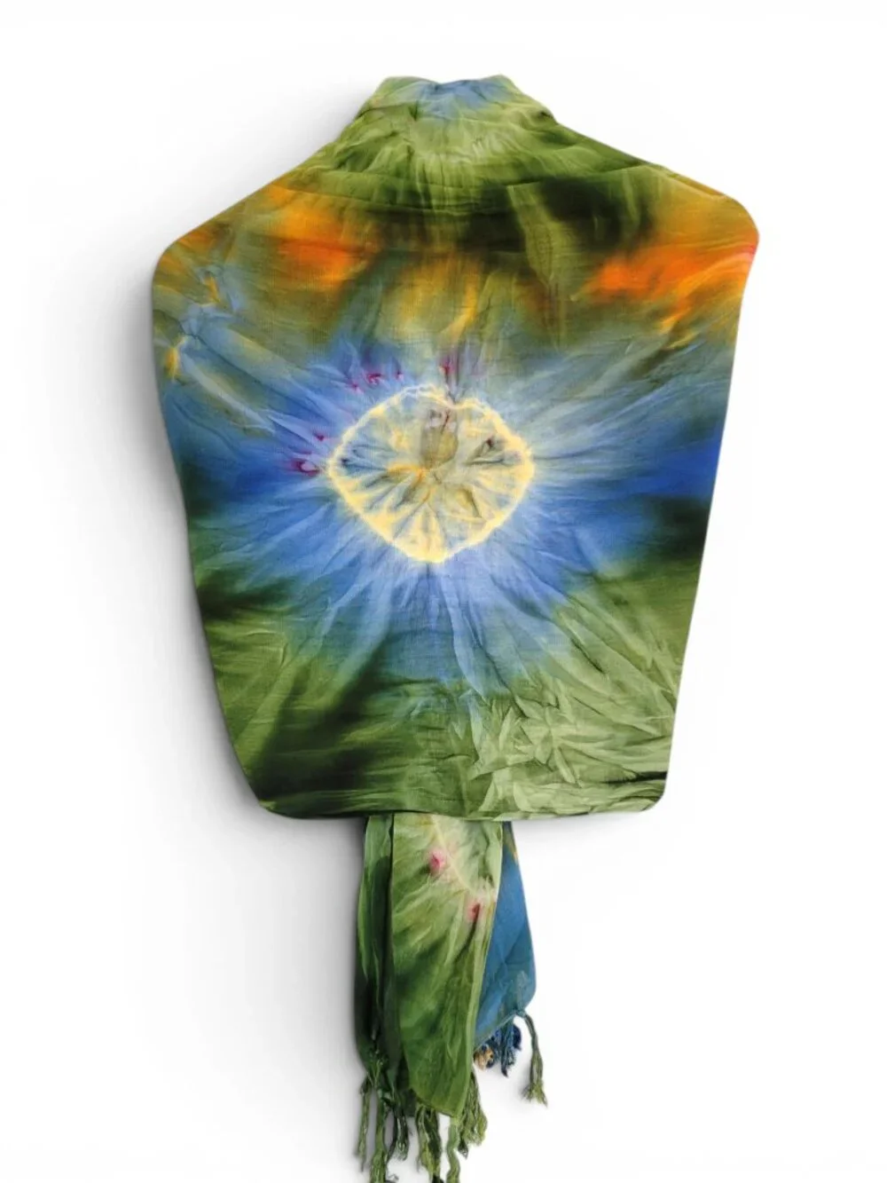 Tie Dyed Fringed Sarong Shawl - Beach Ready in Unique Blue, Green, Gold Pattern